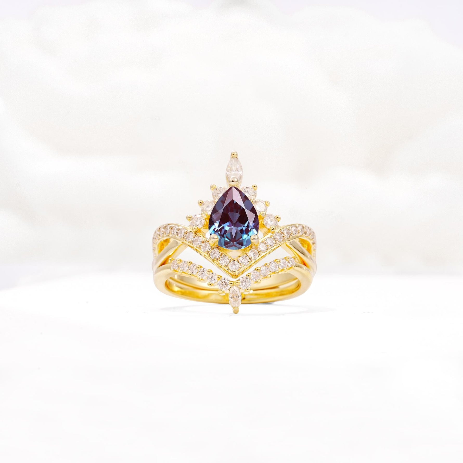Tiara Pear Cut Alexandrite Bridal Ring Set with Chevron Enhancer Band - Yellow-Gold