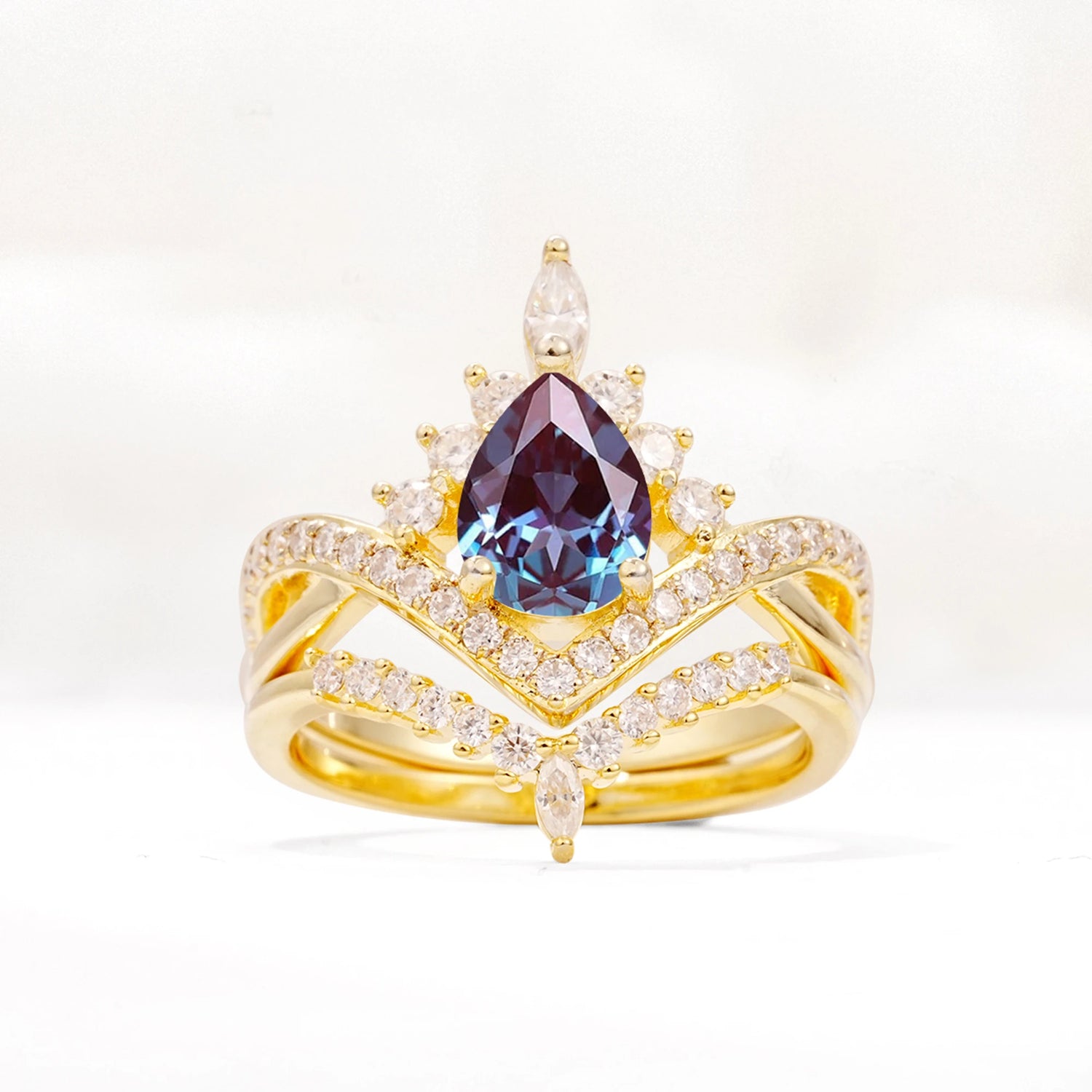 Tiara Pear Cut Alexandrite Bridal Ring Set with Chevron Enhancer Band