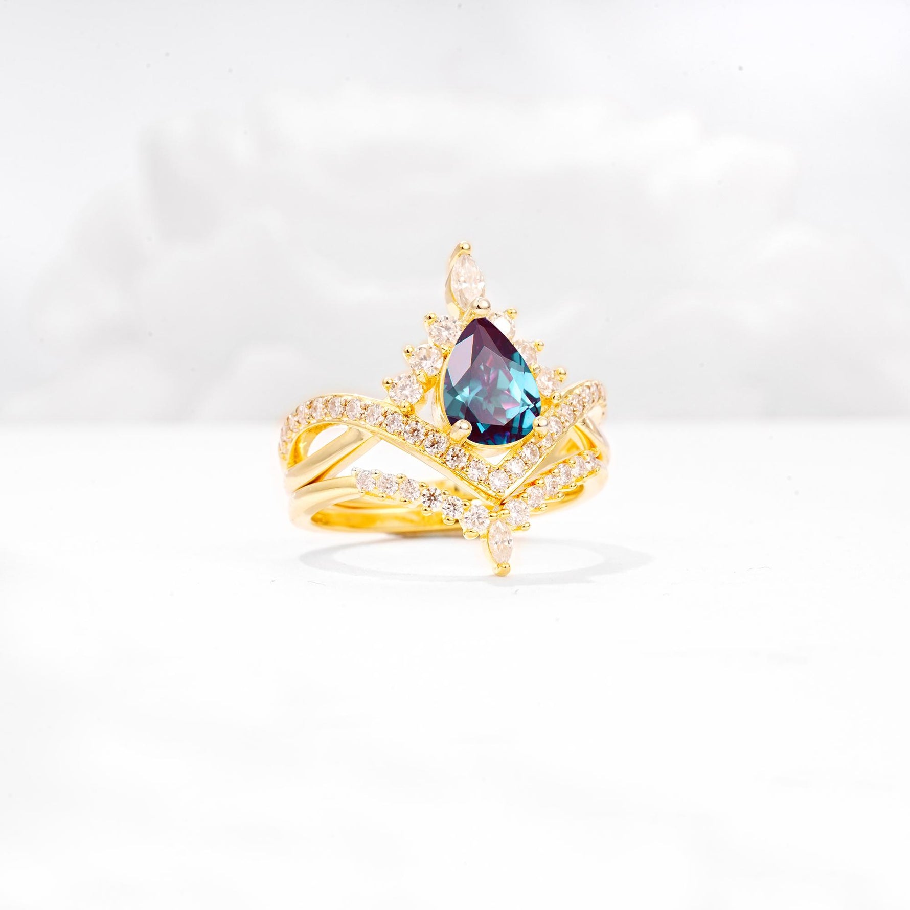 Tiara Pear Cut Alexandrite Bridal Ring Set with Chevron Enhancer Band - Rose-Gold