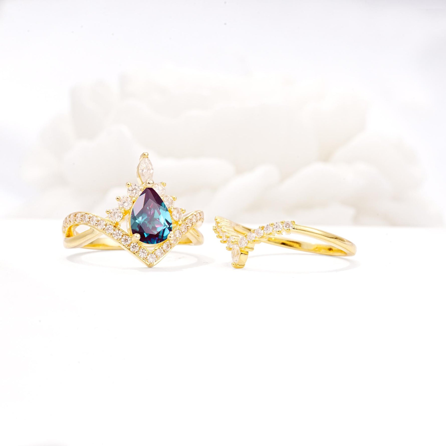 Tiara Pear Cut Alexandrite Bridal Ring Set with Chevron Enhancer Band - Additional view