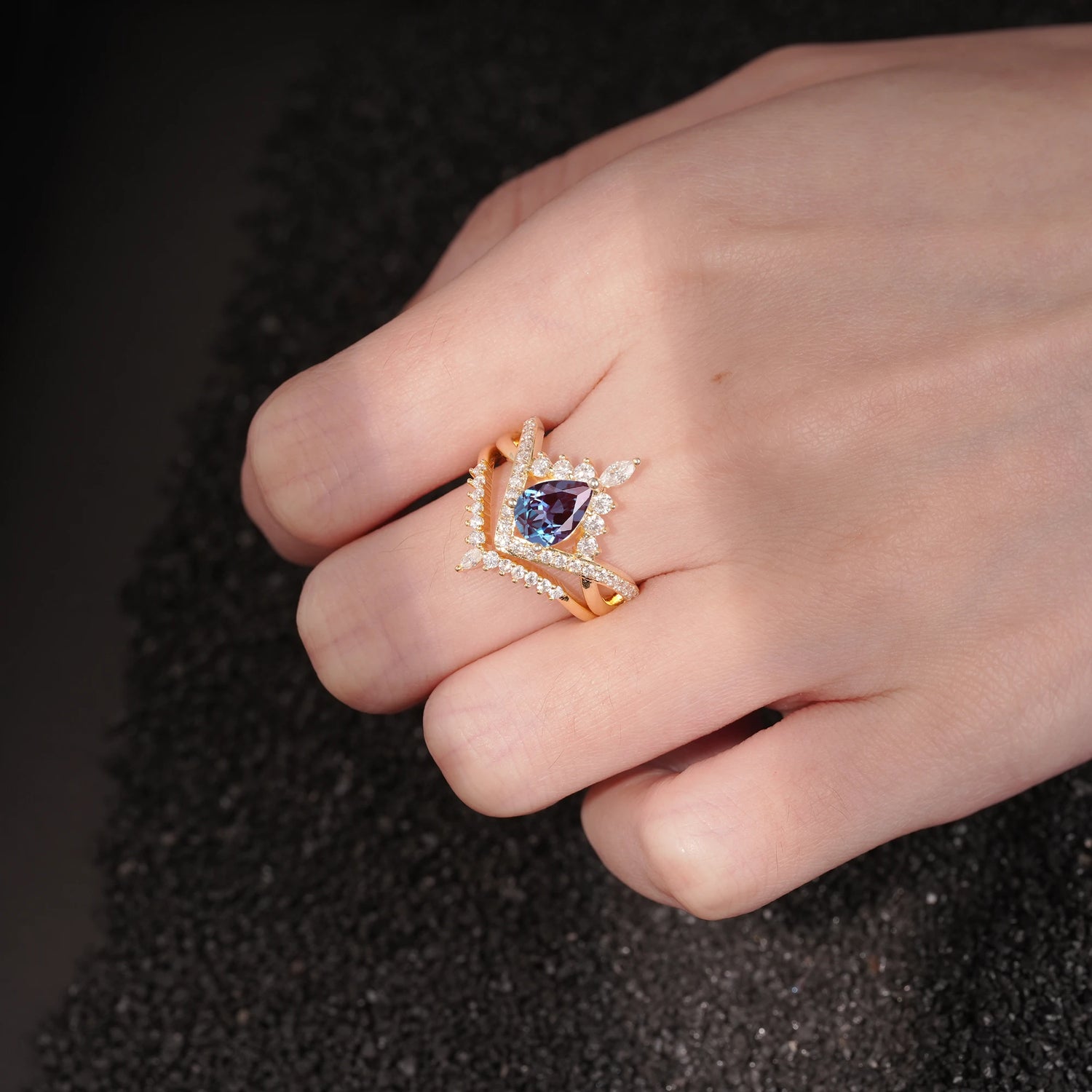 Tiara Pear Cut Alexandrite Bridal Ring Set with Chevron Enhancer Band