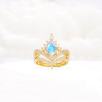 Tiara Pear Cut Moonstone Bridal Ring Set with Chevron Enhancer Band - Yellow-Gold