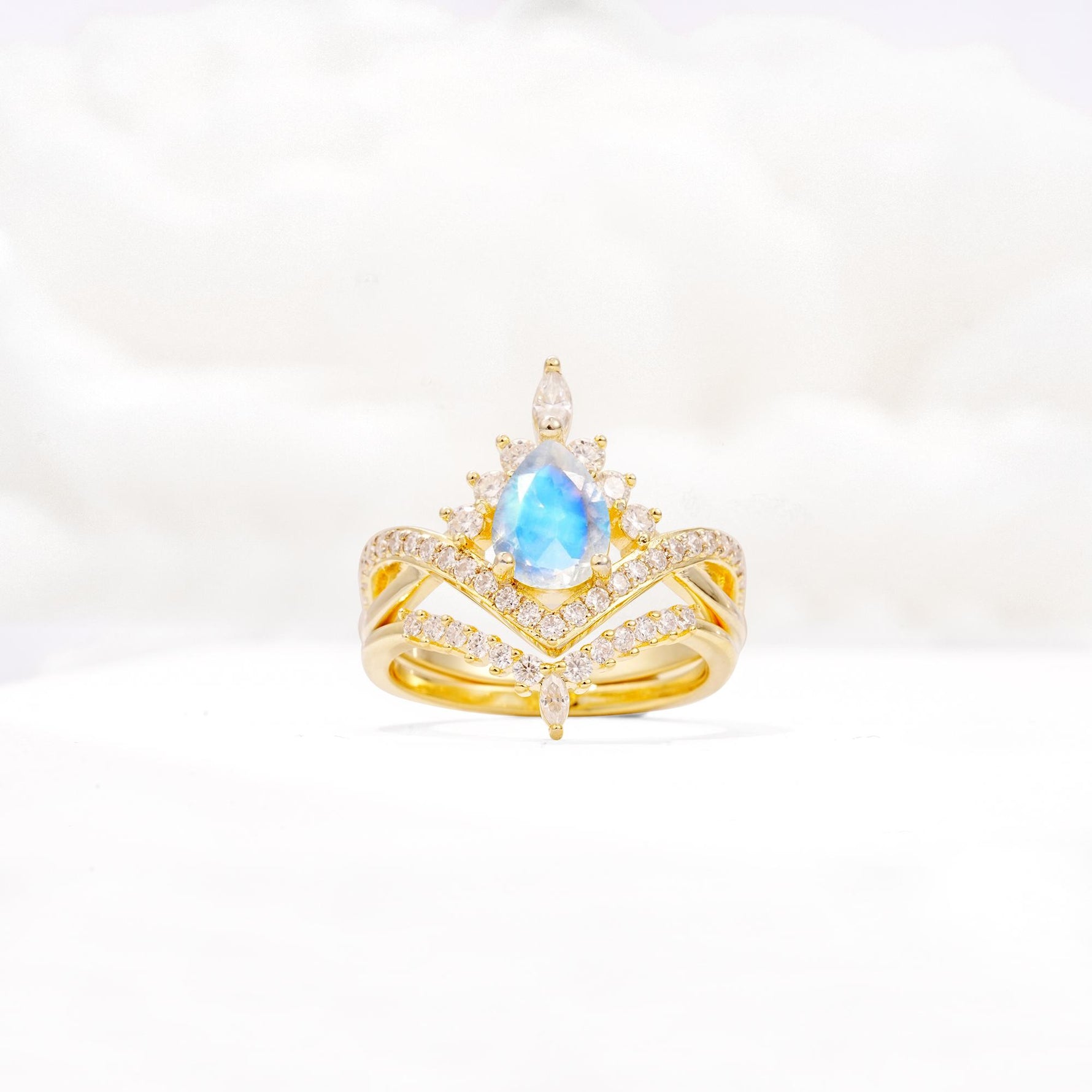 Tiara Pear Cut Moonstone Bridal Ring Set with Chevron Enhancer Band - Yellow-Gold