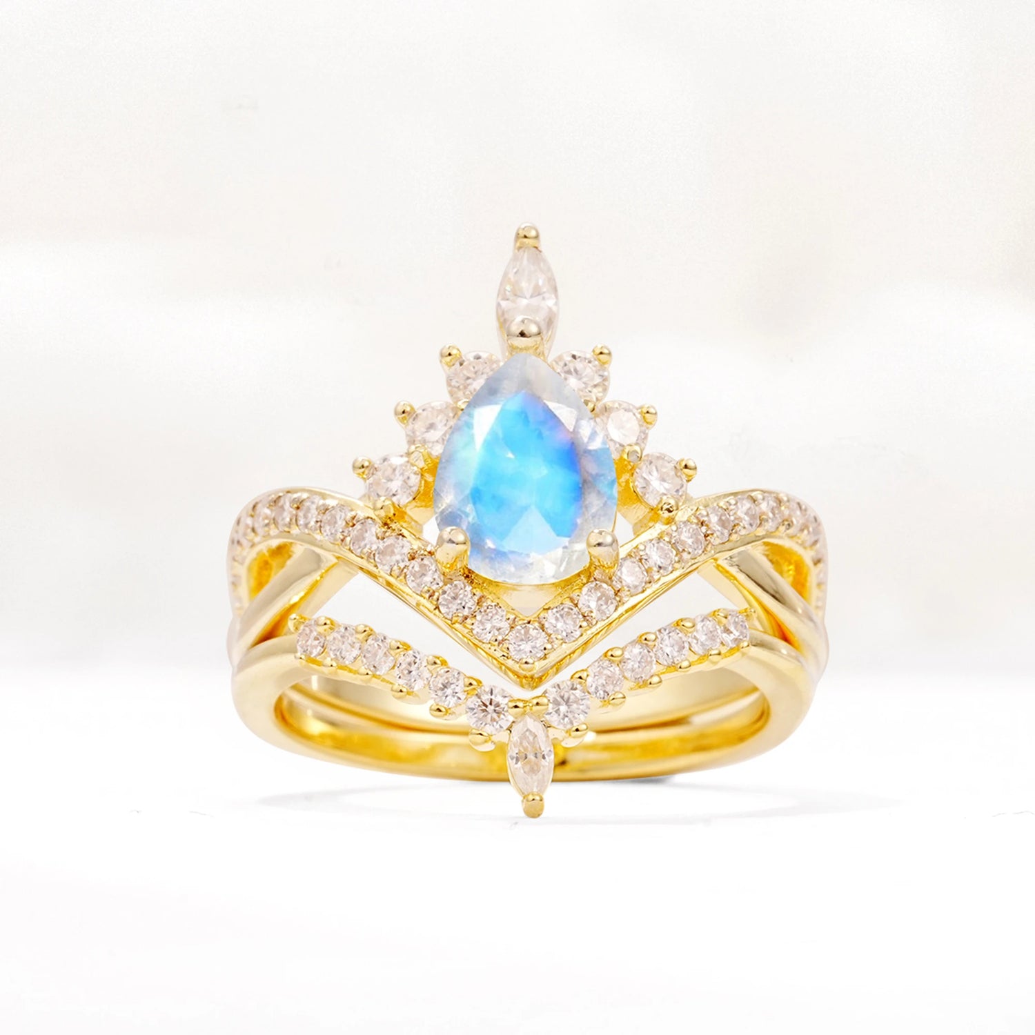 Tiara Pear Cut Moonstone Bridal Ring Set with Chevron Enhancer Band