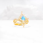 Tiara Pear Cut Moonstone Bridal Ring Set with Chevron Enhancer Band - Rose-Gold