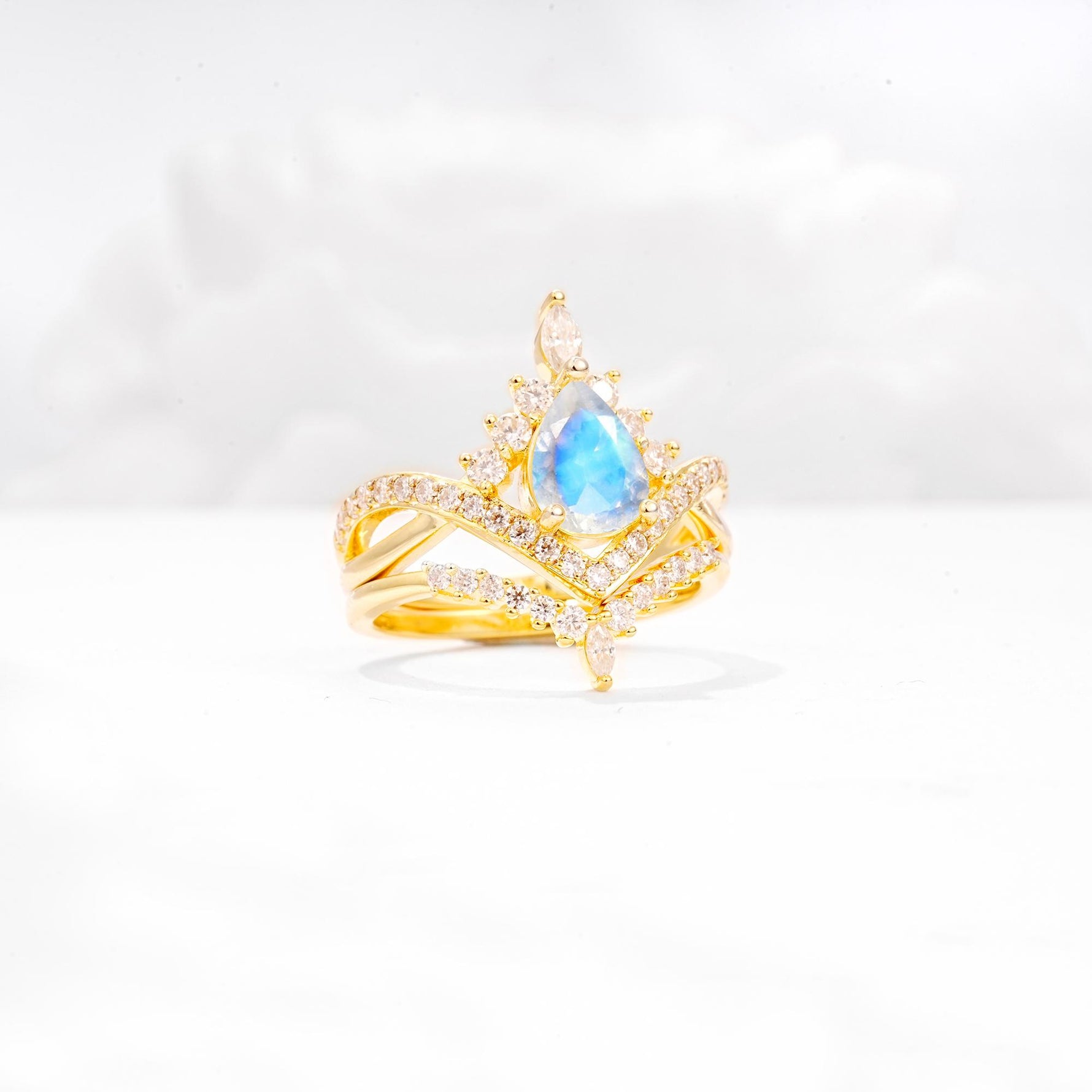 Tiara Pear Cut Moonstone Bridal Ring Set with Chevron Enhancer Band - Rose-Gold