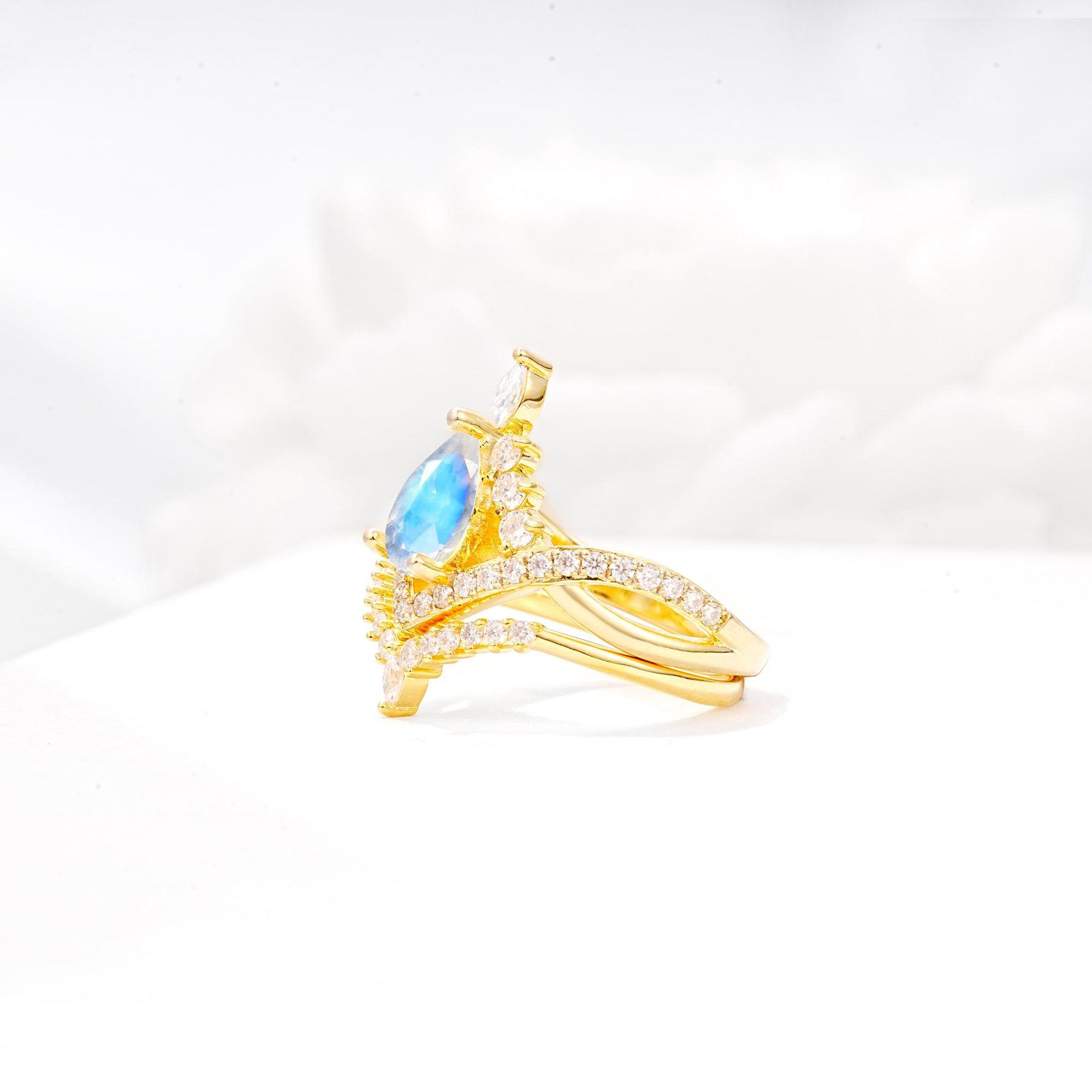 Tiara Pear Cut Moonstone Bridal Ring Set with Chevron Enhancer Band - White-Gold