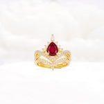 Tiara Pear Cut Ruby Bridal Ring Set with Chevron Enhancer Band - Yellow-Gold