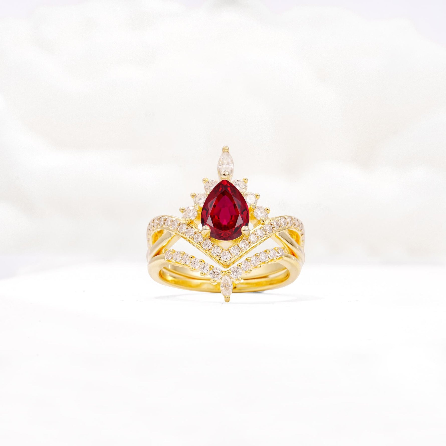 Tiara Pear Cut Ruby Bridal Ring Set with Chevron Enhancer Band - Yellow-Gold