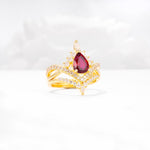 Tiara Pear Cut Ruby Bridal Ring Set with Chevron Enhancer Band - Rose-Gold