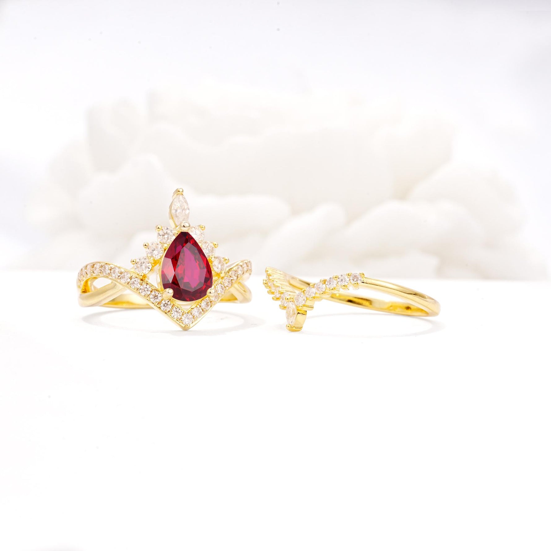 Tiara Pear Cut Ruby Bridal Ring Set with Chevron Enhancer Band - Additional view