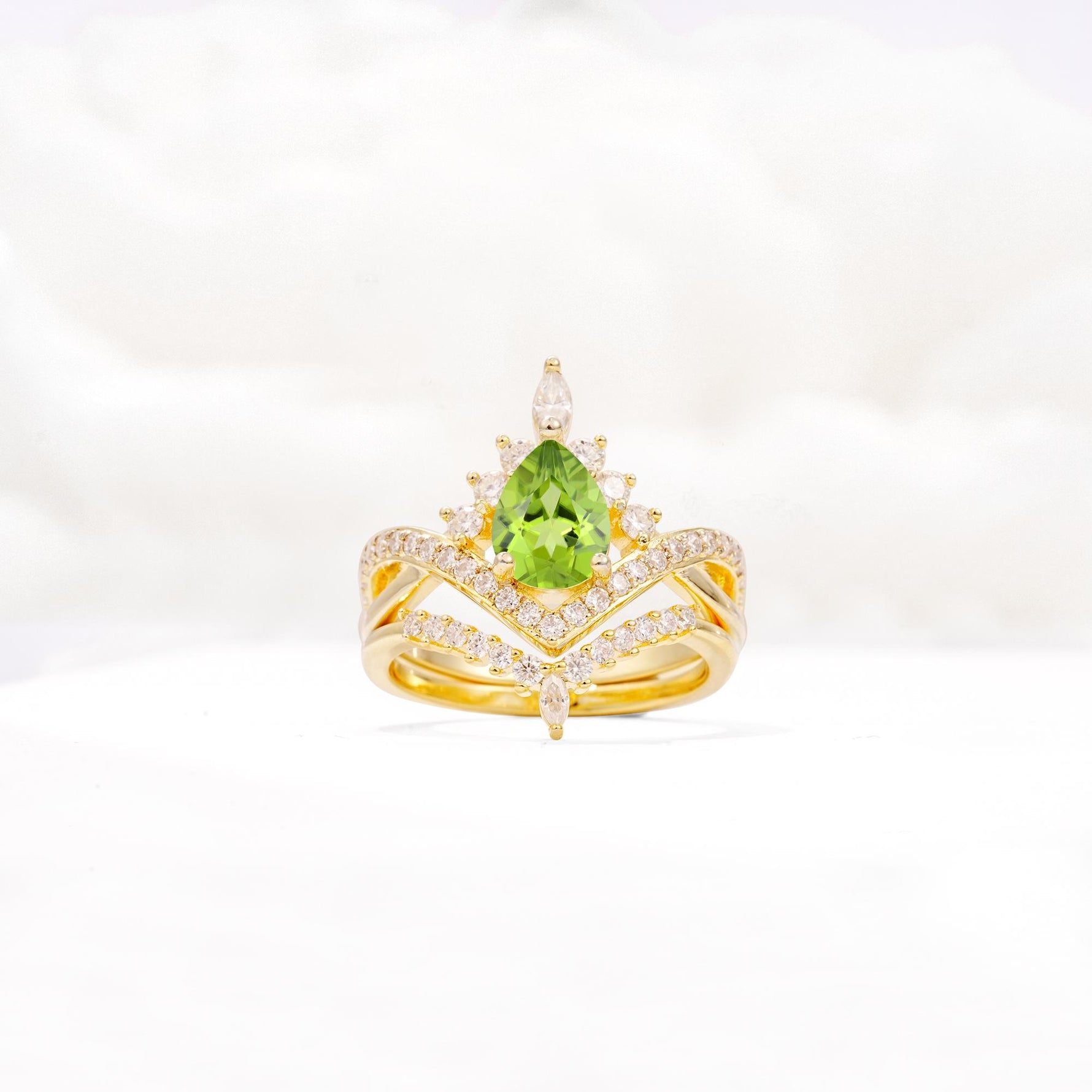 Tiara Pear Cut Peridot Bridal Ring Set with Chevron Enhancer Band - Yellow-Gold