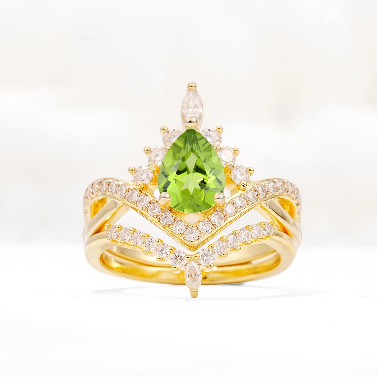 Tiara Pear Cut Peridot Bridal Ring Set with Chevron Enhancer Band