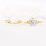 Oval Cut Moissanite Vintage Engagement Ring Set with Chevron Band - White-Gold