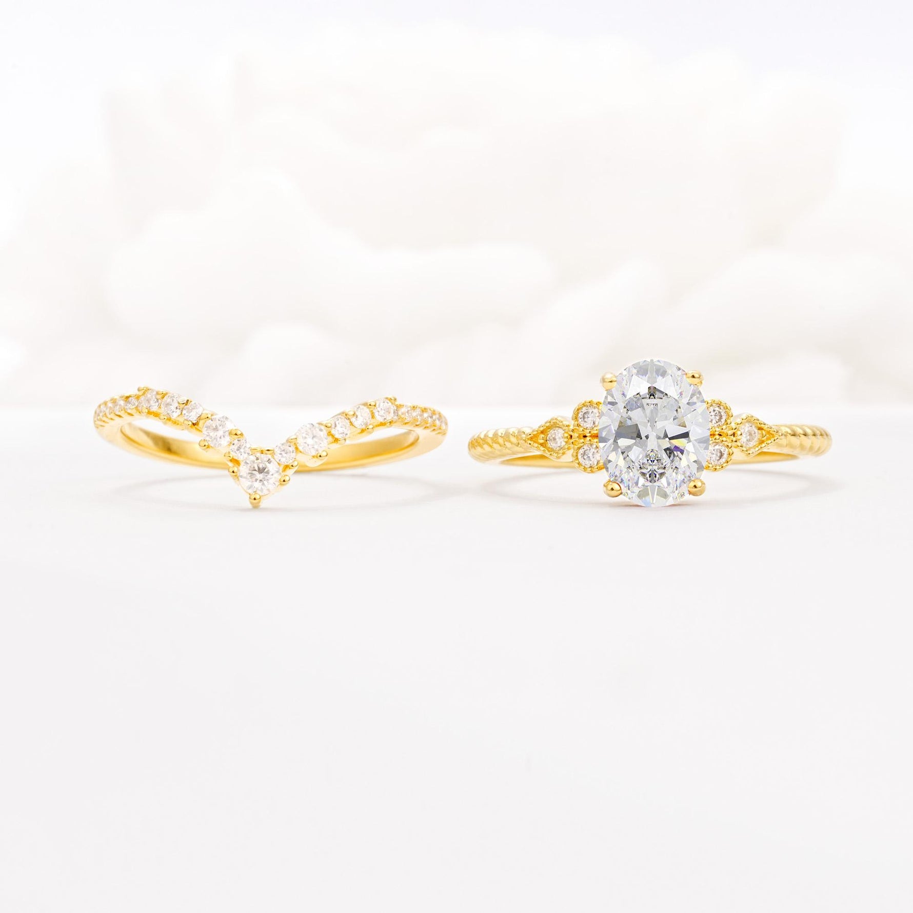 Oval Cut Moissanite Vintage Engagement Ring Set with Chevron Band - White-Gold
