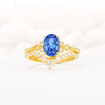 Oval Cut Sapphire Vintage Engagement Ring Set with Chevron Band - Yellow-Gold