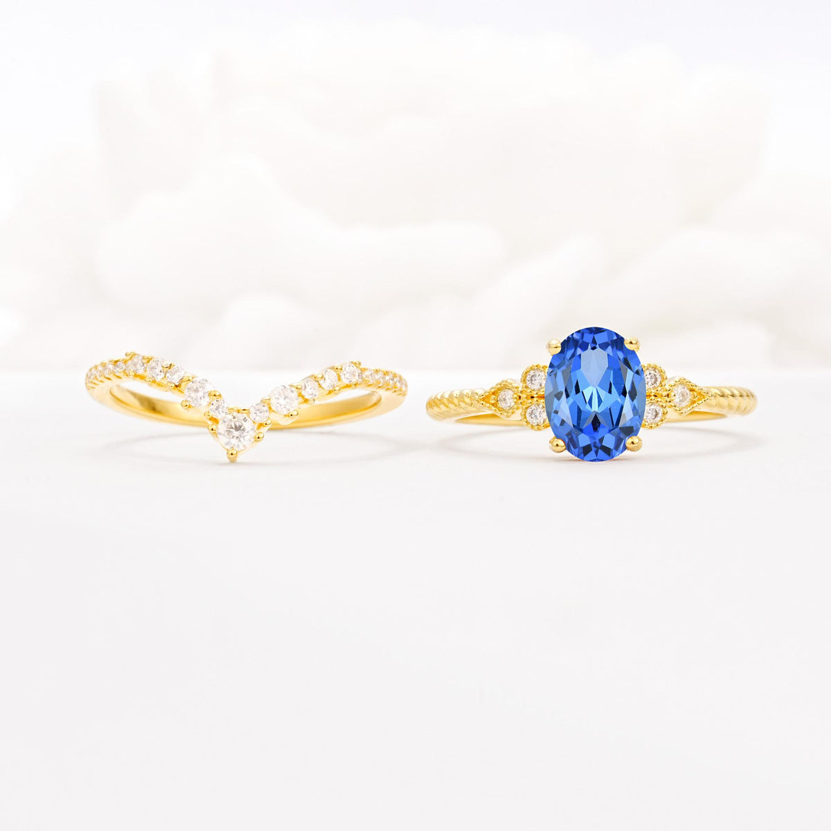 Oval Cut Sapphire Vintage Engagement Ring Set with Chevron Band - White-Gold