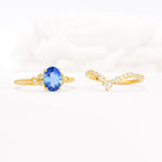 Oval Cut Sapphire Vintage Engagement Ring Set with Chevron Band - Additional view