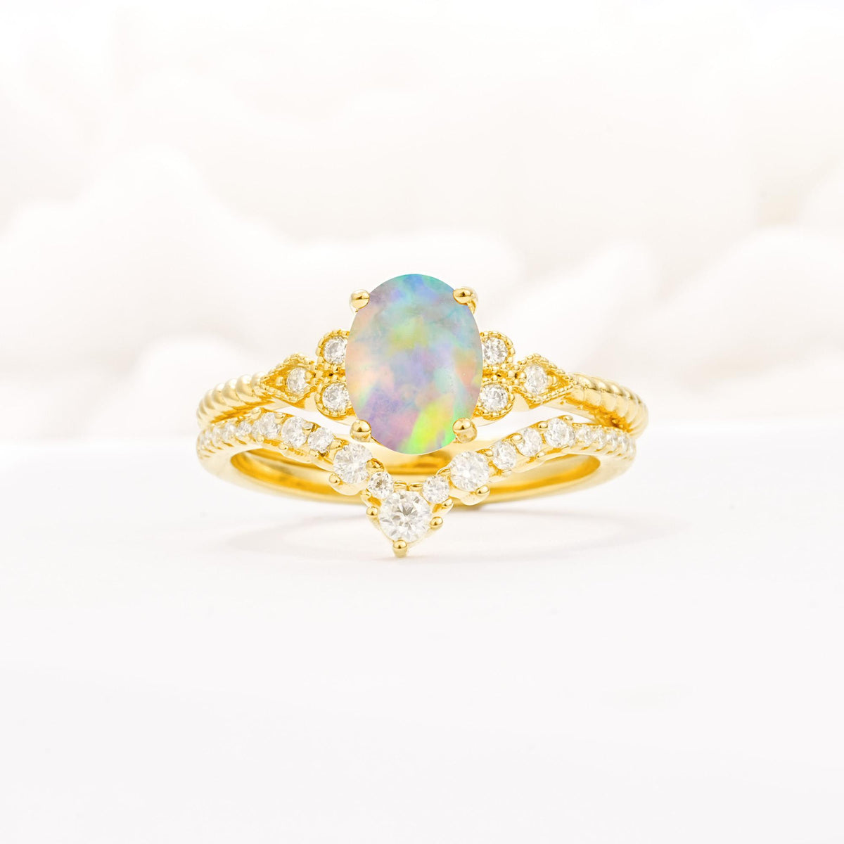 Oval Cut Fire Opal Vintage Engagement Ring Set with Chevron Band - Yellow-Gold