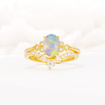 Oval Cut Fire Opal Vintage Engagement Ring Set with Chevron Band - Yellow-Gold