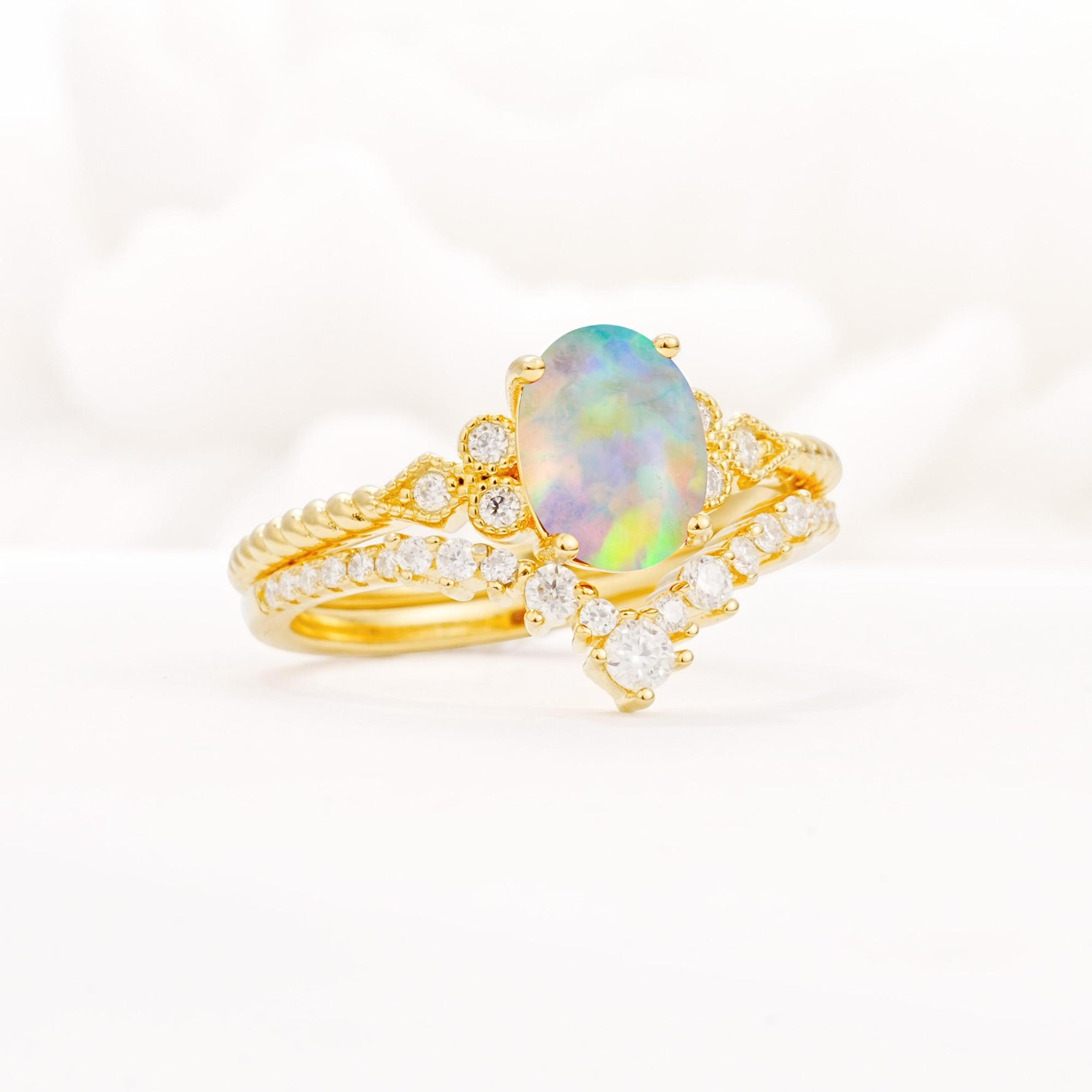 Oval Cut Fire Opal Vintage Engagement Ring Set with Chevron Band - Rose-Gold