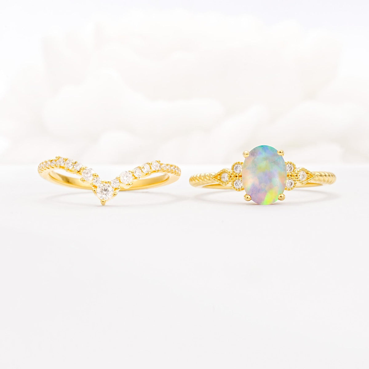 Oval Cut Fire Opal Vintage Engagement Ring Set with Chevron Band - White-Gold
