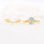 Oval Cut Fire Opal Vintage Engagement Ring Set with Chevron Band - White-Gold