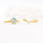 Oval Cut Fire Opal Vintage Engagement Ring Set with Chevron Band - Additional view