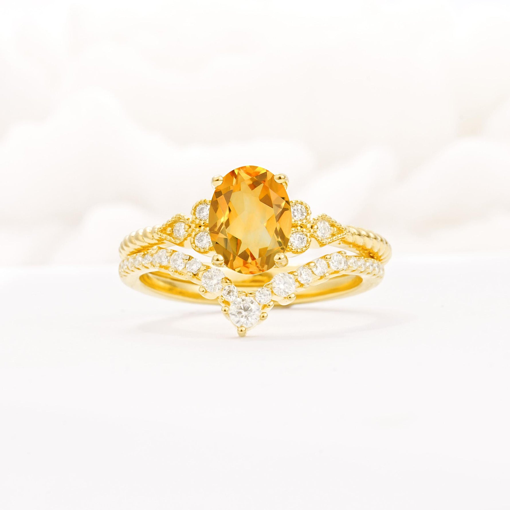 Oval Cut Citrine Vintage Engagement Ring Set with Chevron Band - Yellow-Gold