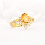 Oval Cut Citrine Vintage Engagement Ring Set with Chevron Band - Rose-Gold