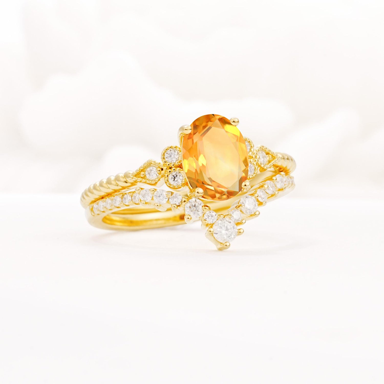 Oval Cut Citrine Vintage Engagement Ring Set with Chevron Band - Rose-Gold
