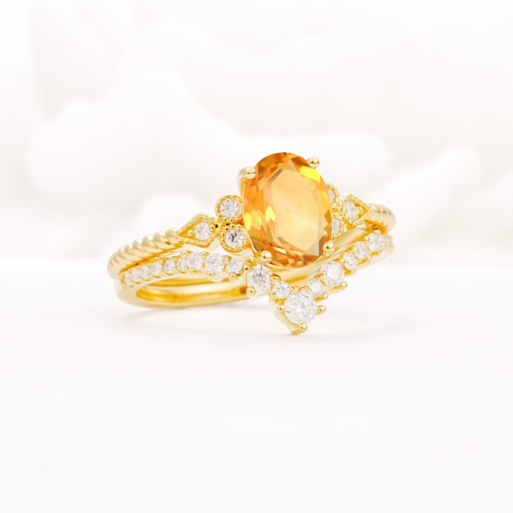Oval Cut Citrine Vintage Engagement Ring Set with Chevron Band - Rose-Gold