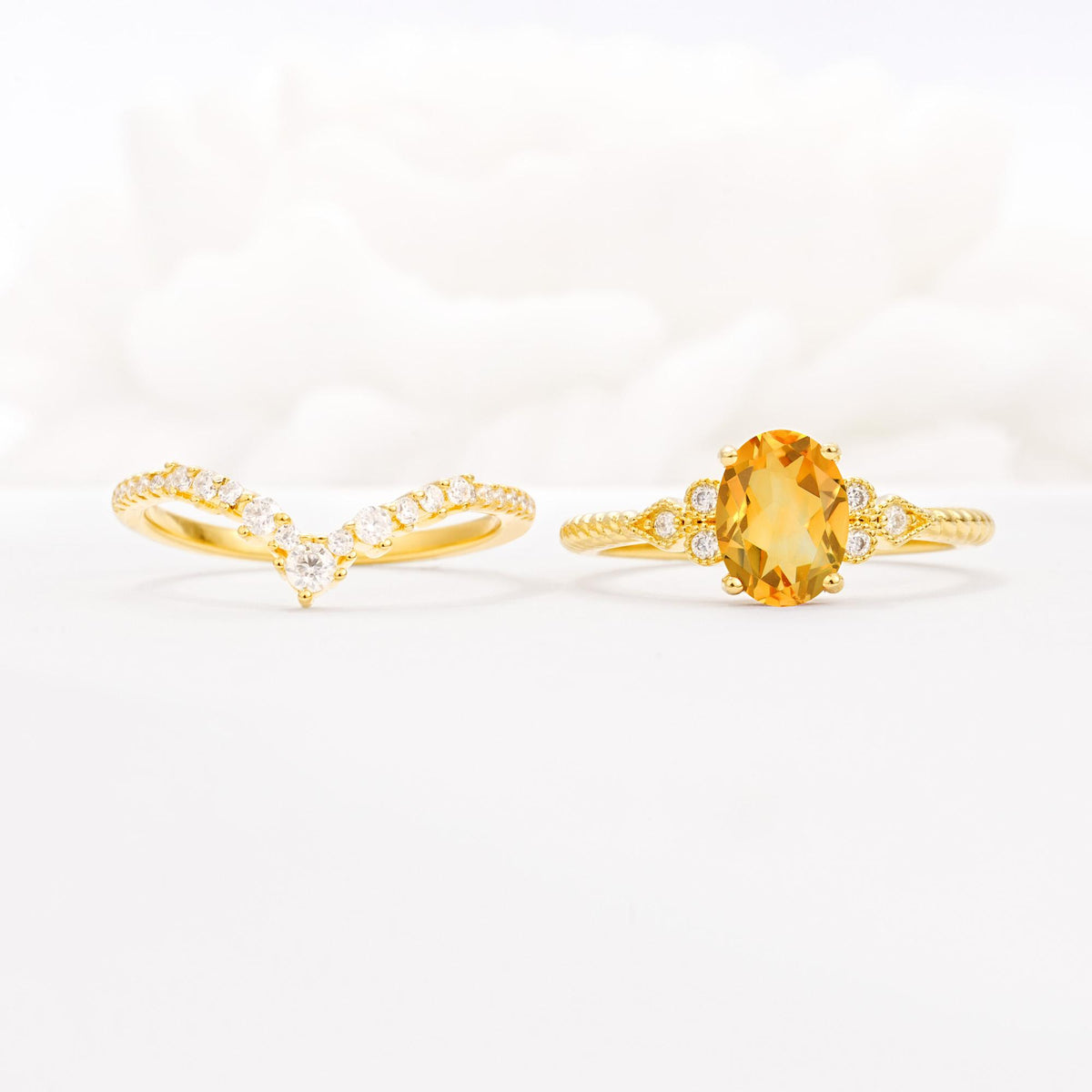 Oval Cut Citrine Vintage Engagement Ring Set with Chevron Band - White-Gold