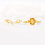 Oval Cut Citrine Vintage Engagement Ring Set with Chevron Band - White-Gold