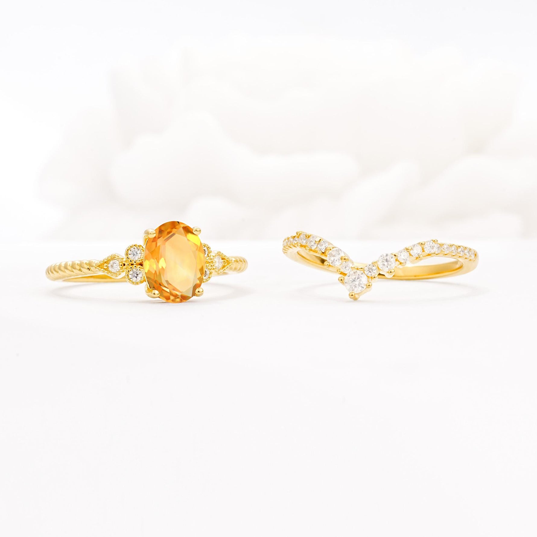 Oval Cut Citrine Vintage Engagement Ring Set with Chevron Band - Additional view