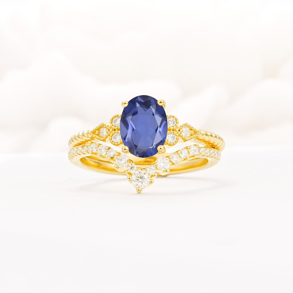 Oval Cut Tanzanite Vintage Engagement Ring Set with Chevron Band - Yellow-Gold
