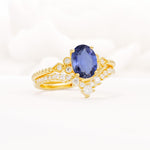 Oval Cut Tanzanite Vintage Engagement Ring Set with Chevron Band - Rose-Gold