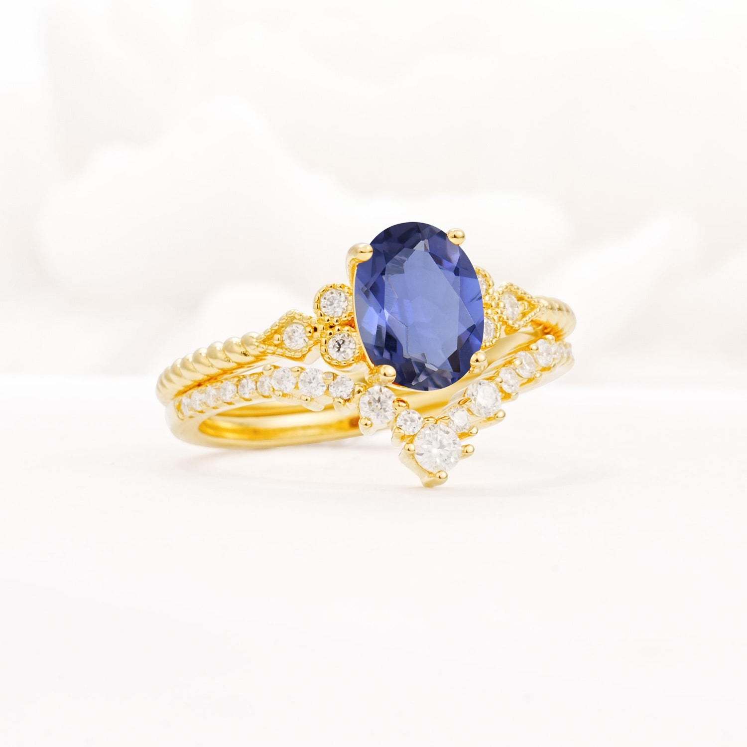 Oval Cut Tanzanite Vintage Engagement Ring Set with Chevron Band - Rose-Gold
