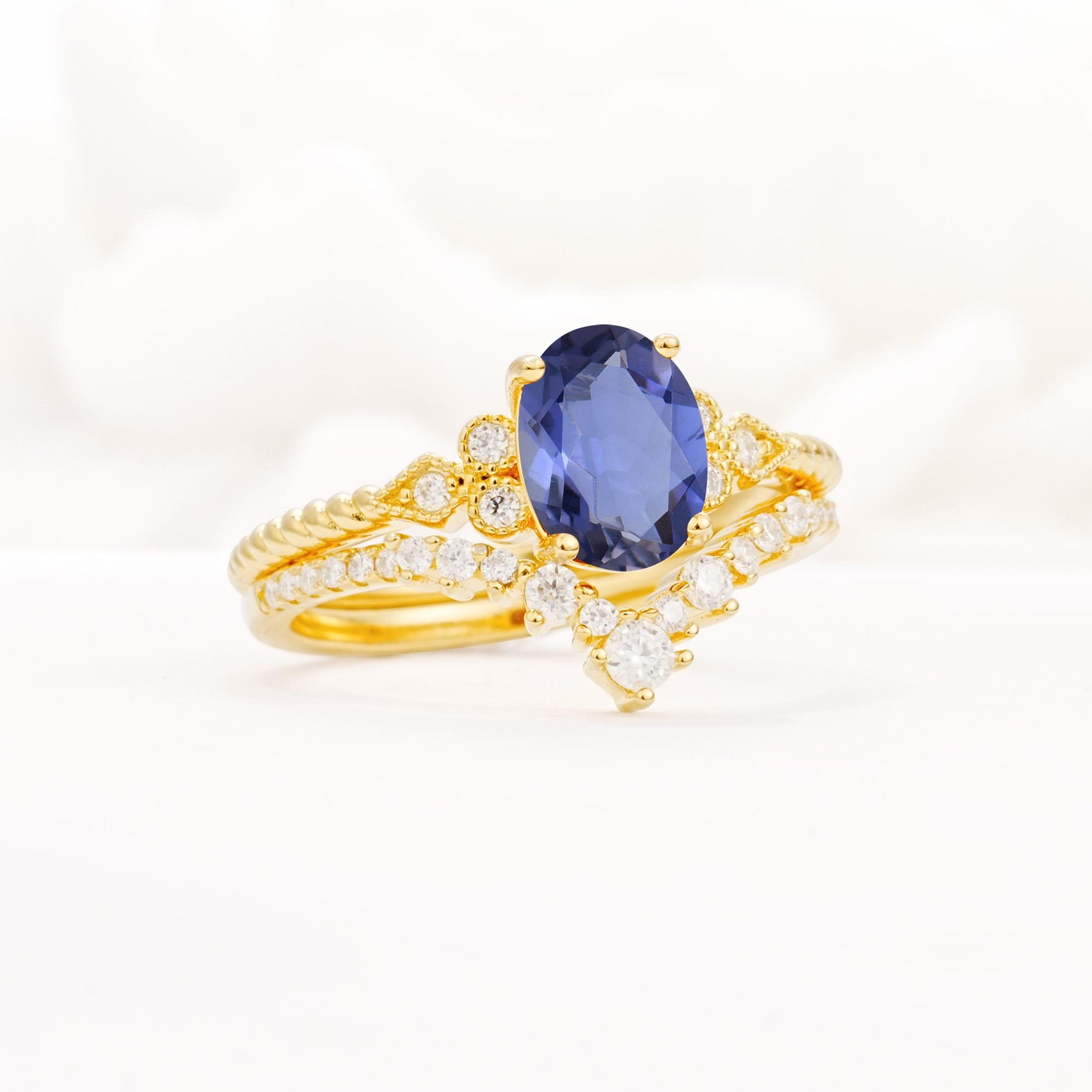 Oval Cut Tanzanite Vintage Engagement Ring Set with Chevron Band - Rose-Gold
