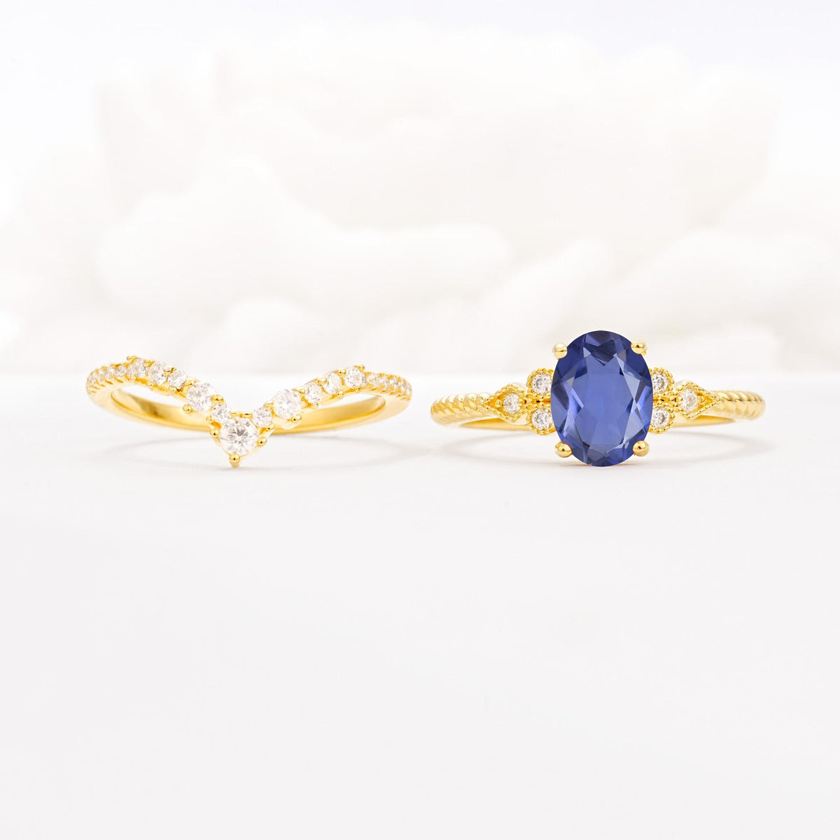 Oval Cut Tanzanite Vintage Engagement Ring Set with Chevron Band - White-Gold