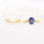 Oval Cut Tanzanite Vintage Engagement Ring Set with Chevron Band - White-Gold