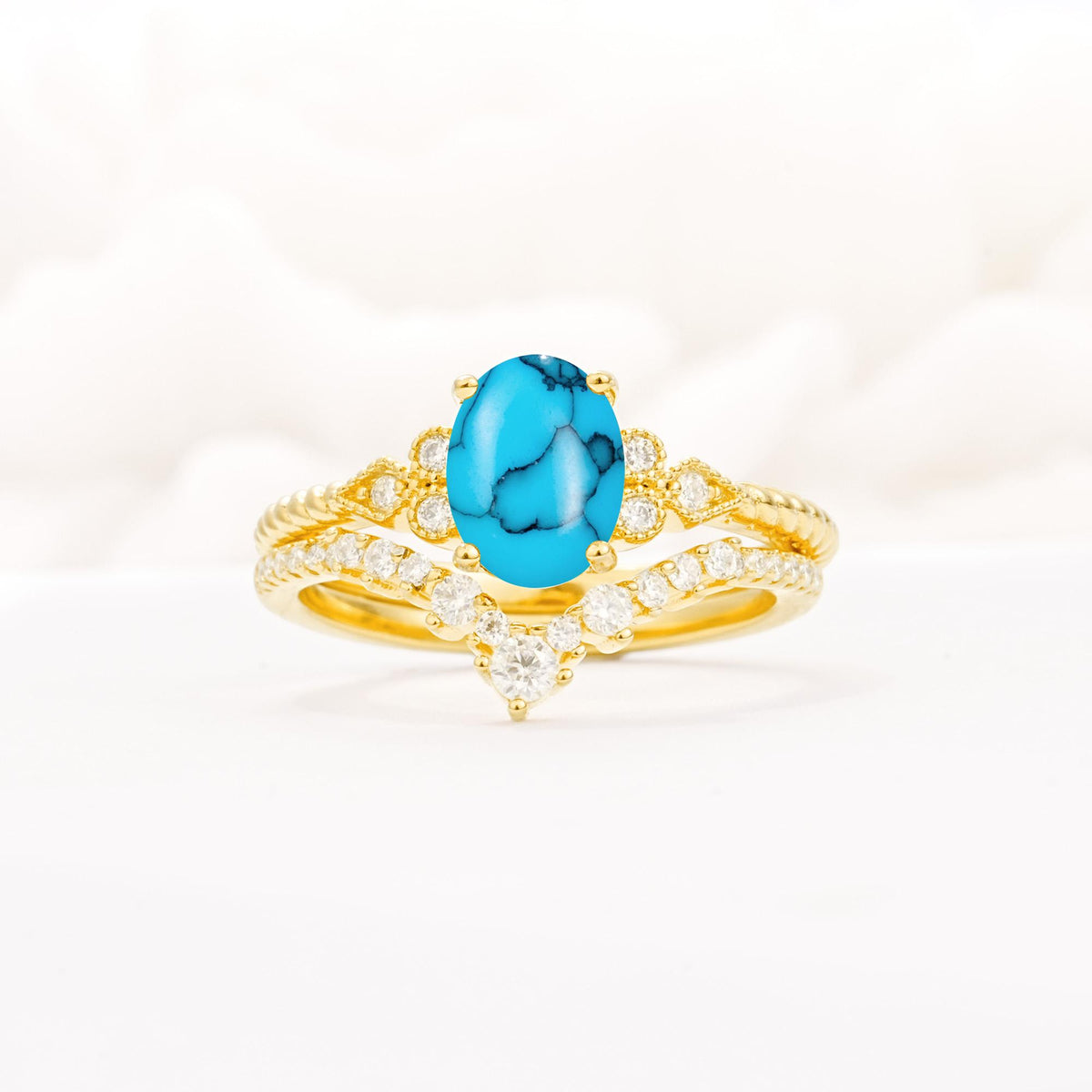 Oval Cut Turquoise Vintage Engagement Ring Set with Chevron Band - Yellow-Gold