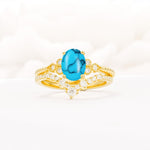 Oval Cut Turquoise Vintage Engagement Ring Set with Chevron Band - Yellow-Gold