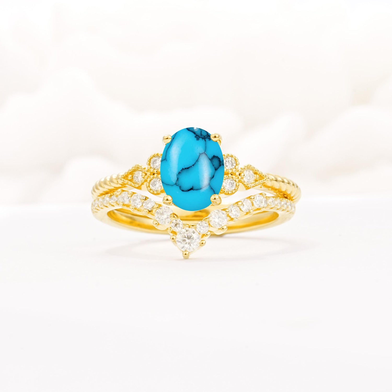 Oval Cut Turquoise Vintage Engagement Ring Set with Chevron Band - Yellow-Gold
