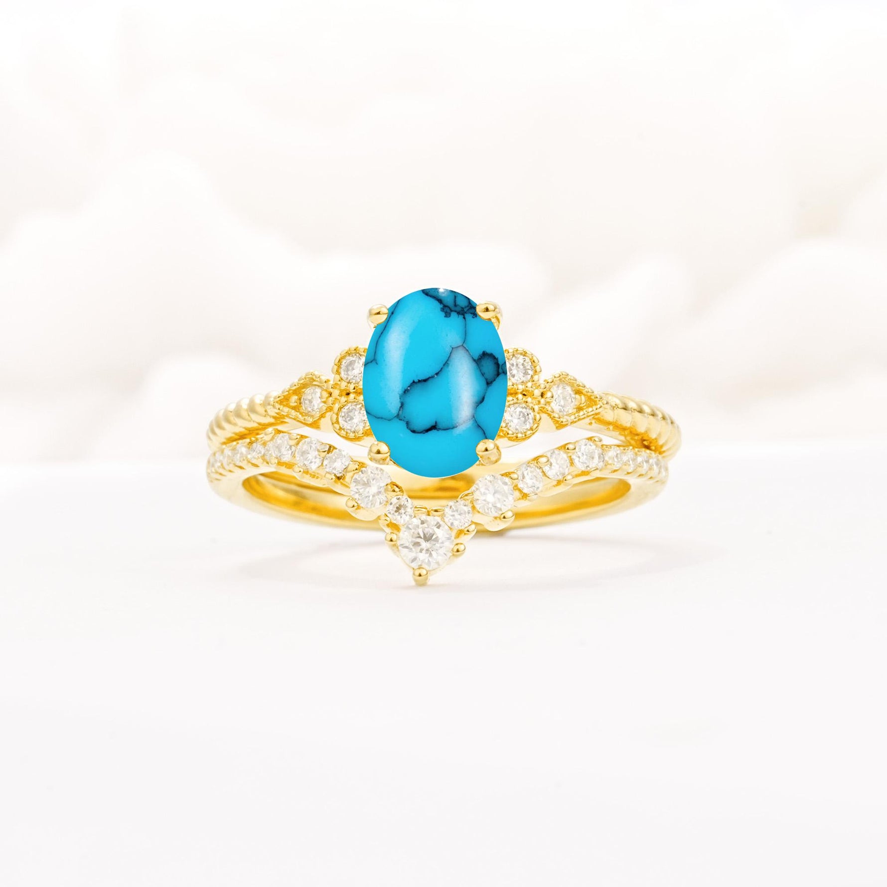 Oval Cut Turquoise Vintage Engagement Ring Set with Chevron Band - Yellow-Gold