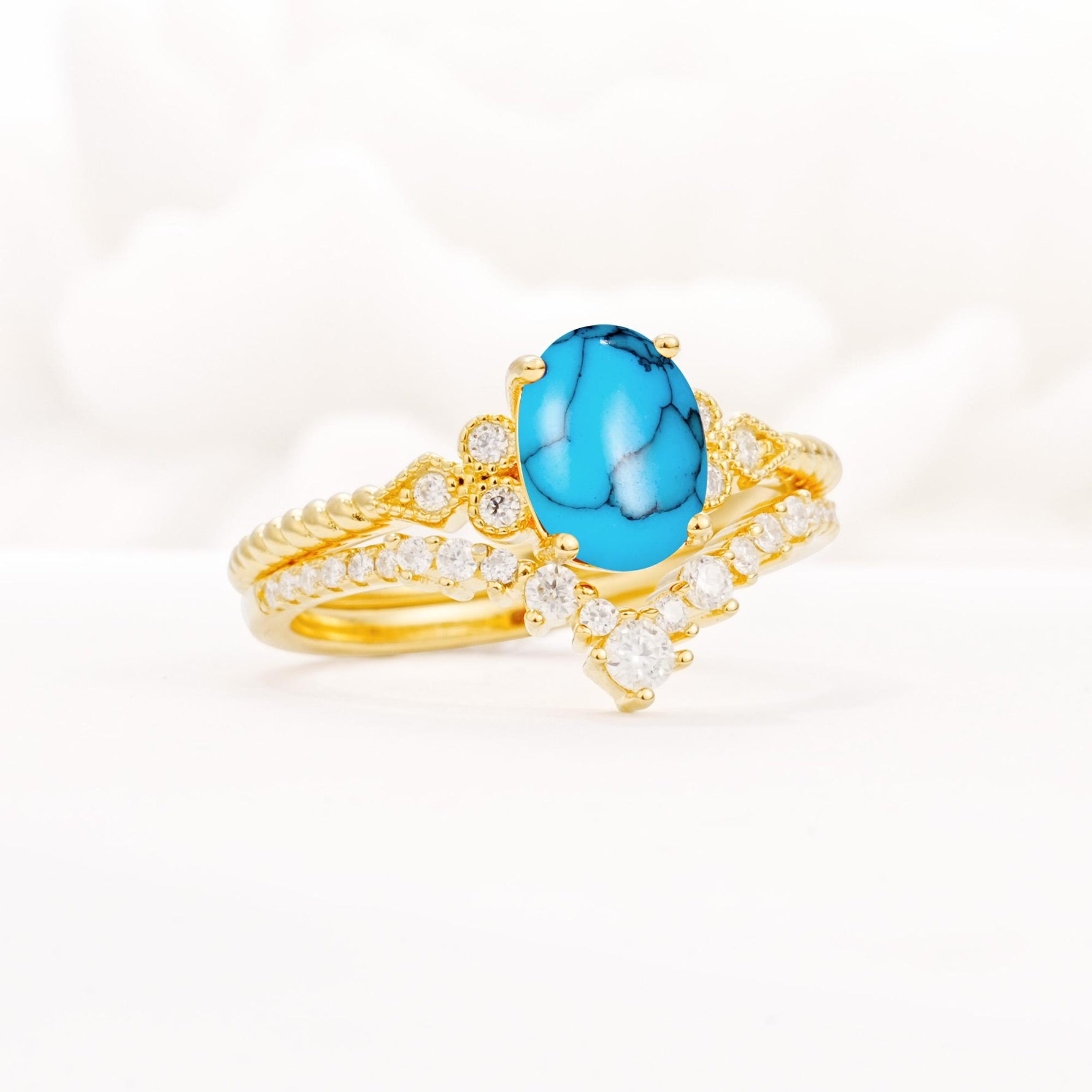 Oval Cut Turquoise Vintage Engagement Ring Set with Chevron Band - Rose-Gold