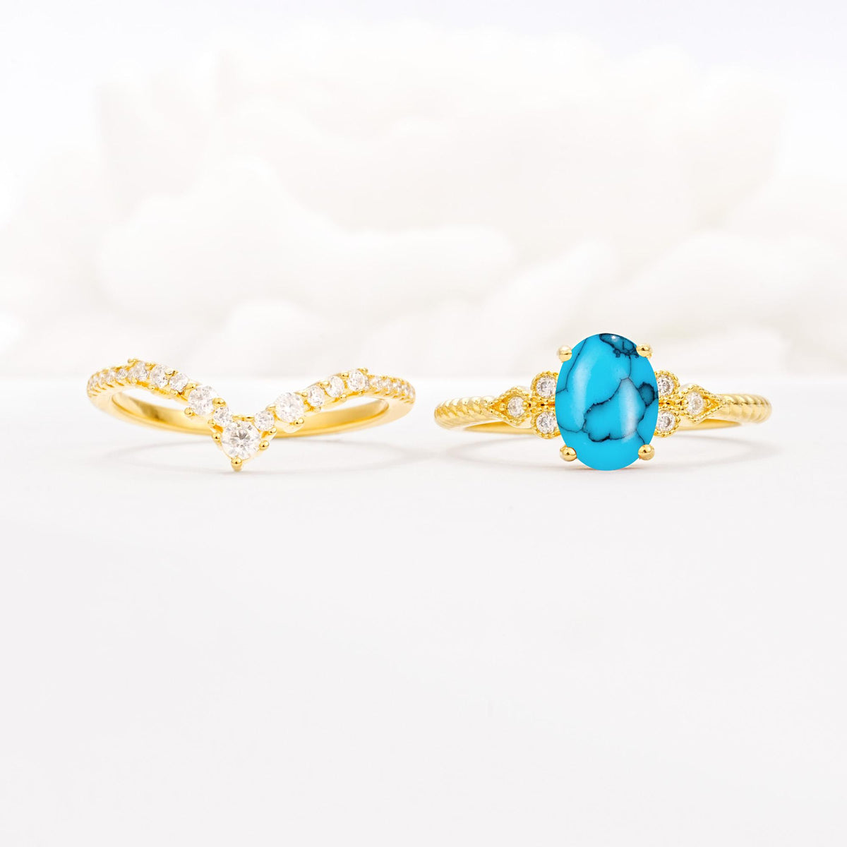 Oval Cut Turquoise Vintage Engagement Ring Set with Chevron Band - White-Gold