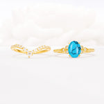 Oval Cut Turquoise Vintage Engagement Ring Set with Chevron Band - White-Gold