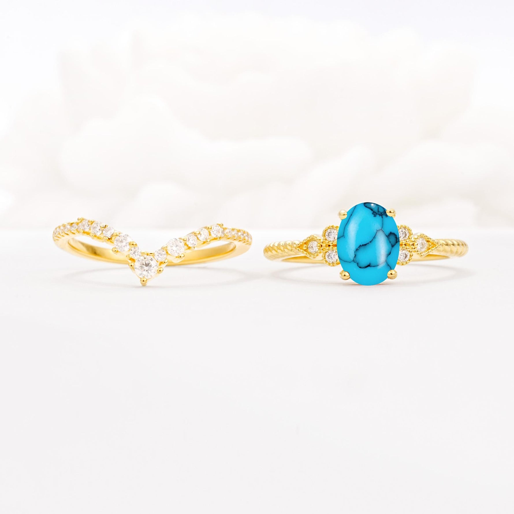 Oval Cut Turquoise Vintage Engagement Ring Set with Chevron Band - White-Gold