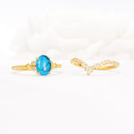Oval Cut Turquoise Vintage Engagement Ring Set with Chevron Band - Additional view
